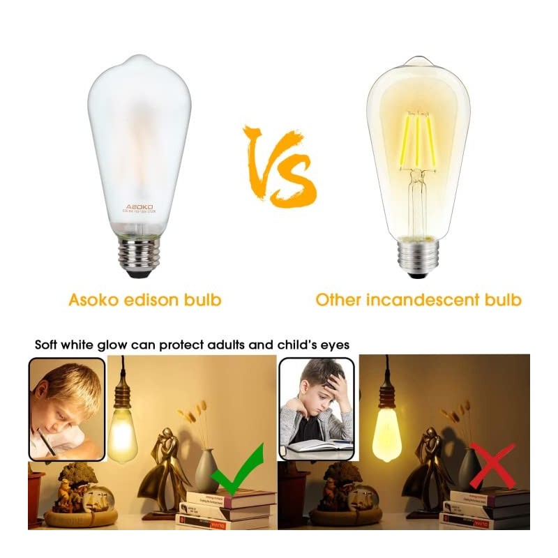 ASOKO ST64 Frosted Edison Vintage Light Bulbs, 6W LED (60W