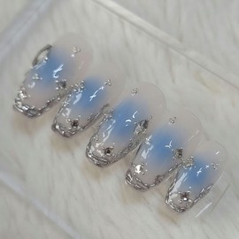 Blue Wedding Jungle Handmade Nail Tips Wedding Nails - Long Ballerina / 블루 웨딩 정글 수제네일팁 웨딩네일 - 롱발레리나