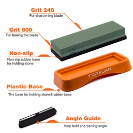 Topxuan Knife Sharpening Stone 2 Sided 240/800 Grit Sharpener Waterstone,Professional Kitchen Whetstone with Orange Plastic Base,Non-slip Rubber and Angle Guide