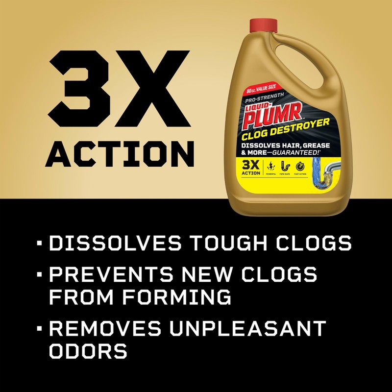Clorox Liquid-Plumr Pro-Strength Clog Destroyer, Liquid Drain Cleaner, 80 Fluid