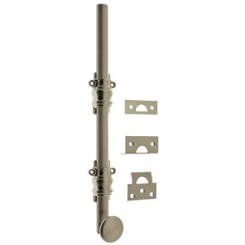 idh by St. Simons 11200-015 Premium Quality Solid Brass Round Knob Ornamental Surface Bolt with 2" Barrel Guide, 8-Inch, Satin Nickel