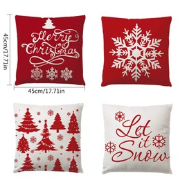 Christmas Decorations Pillow Covers 4 Pack, Christmas Tree Snowflake Reindeer Santa Claus Home Decor Linen Throw Pillow Cases Xmas Holiday Farmhouse Home Bedroom Decorative Cushion, 17.7 Inch Red