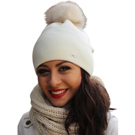 Alur Women's Beanie Winter Hat Knitted Hat with Bobble - Warm Elastic Elegant Winter Hat EKO Bobble Hat - Soft Yarn Stylish Universal Warm, cream
