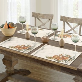 Lintex Stockbridge - Manteles individuales de tela con borde de cosecha de calabaza, hojas de otoño y otoño, diseño de girasol y bellota, de fácil cuidado, 4 manteles individuales
