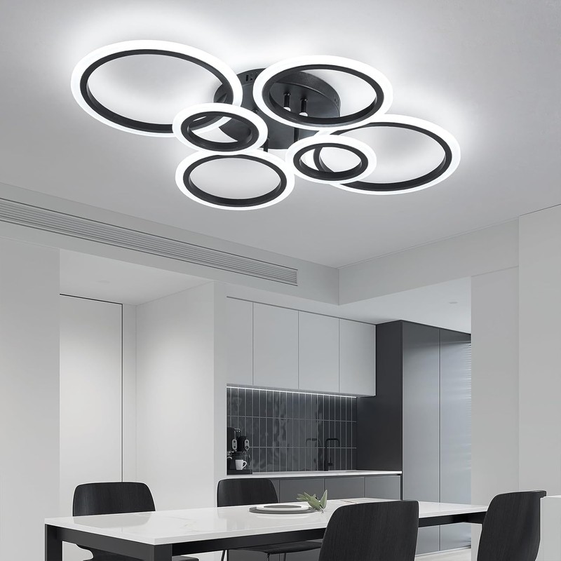 Shine LUEST 6 Rings Black Modern LED Ceiling Light Fixture,