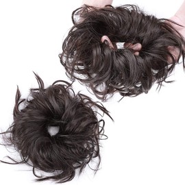 Tousled Updo Messy Bun Hair Extension Instant Ponytail With Elastic Rubber Band Updo Chignon Donut Scrunchies Extensions Hairpiece Synthetic Wavy Hair for Women Dark Brown