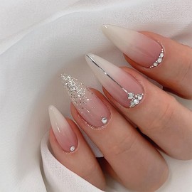AkiliBIELY Medium Press on Nails Almond Ombre White Pink Silver Fake Nails Rhinestone Bling Glue on Nails Women Cute Stick on Nails For Acrylic Gel False Nails Wedding Birthday