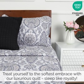 Southshore Fine Living, Inc. Oversized Full/Queen Paisley Bedding Quilt, Soft Coverlet Microfiber Quilt, Lightweight Bed Set with 2 Quilted Pillow Shams, Boho Bedspreads Queen Size, Grey Paisley