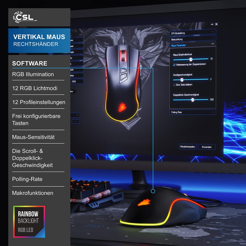 CSL-Computer TITANWOLF - Gaming Maus 12400 DPI mit RGB Beleuchtung,