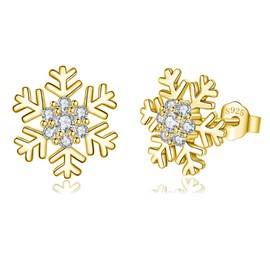 Loutade Silver Christmas Stud Earrings for Women, 925 Sterling Silver Xmas Stud Earrings, 10mmSmall Gold Xmas Snowflake Stud Earrings with Cubic Zircon, Cartilage Sleeper Stud Earrings for Winter
