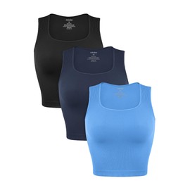 ODODOS 3-Pack Seamless Square Neck Tank for Women Ribbed Longline Crop Tops, Black+Navy+Blue, Medium