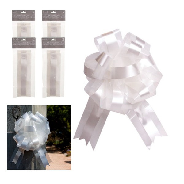 White Ribbon and Tulle Bows, 9 Inch, Set of 8