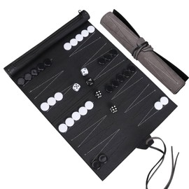 YANGUN Travel Backgammon, Backgammon Board Game, Made of Faux Leather, Roll Up Travel Game with Accessories, Black and White, Playing Field WxD: 36 x 25 cm