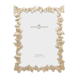 GIFTY GIFTY Butterfly Photo Frame 5”x7” For Vertical and Horizontal Display on Tabletops, Home Decor, Wedding, Vacation, Graduation, Or Any Milestone Photos (Gold with White Brush) Gift Box