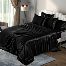 P Pothuiny 6 Pieces Full Satin Sheets Luxury Silky Black Satin Bedding Sheet Set, 1 Deep Pocket Fitted Sheet + 1 Flat Sheet + 4 Pillow Cases