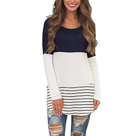 Hount Casual O Neck Color Block Tunics Tops For Women Striped Shirts Long Sleeve (Medium, Navy Blue)