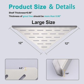 Xiarnotogi 12" Corner Shower Shelf, 2-Pack Bathroom Shelves for Tile Walls, SUS304 Stainless Steel Recessed Shower Shelf, Grout in Corner Organizer Shelves, Brushed Silver, Large Size