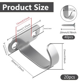 ONEBO Pack of 20 Coat Hooks Brushed Stainless Steel, Multi-Purpose Hooks with Screws, Ceiling Hooks, Metal Single Hooks for Bedroom, Bathroom, Wardrobe