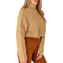 Saodimallsu Women's Pullover Cropped Turtleneck Cable Knit Long Sleeve Chunky Pullover Winter Sweater, brown, S
