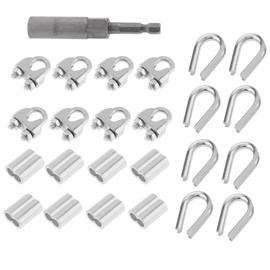 25 pcs M8 Wire Rope Clamps Aluminum Crimping Loop Sleeves Stainless Steel Thimbles Cable Clamps U Bolt Saddle Fastener for Tent Rope with Hexagon Nut Driver Drill Bit Adapter, 5/16” Cable Ferrule Kit