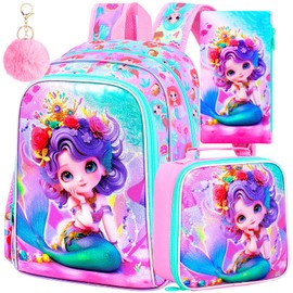 FTJCF Mermaid Backpack, 16" Girls Kids Bookbag with Lunch Box，3Pcs School Backpacks for Elementary Preschool Kindergarten (Pink)