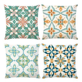 BAOKU Boho Geometric Square Outdoor Cushion Covers, Blue yellow Bohemian Pillow Case, Pillow Cover Soft Linen Fabric 18x18 inch Set One Pack of 4 Devorative for Couch Farmhouse Sofa
