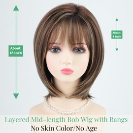 RENERSHOW Ombre Brown with Blonde Highlights Layered Bob Wig with Bangs Medium Length Straight Bob Wigs for Women 12inch Synthetic Natural Looking Daily Party Average Size Wig