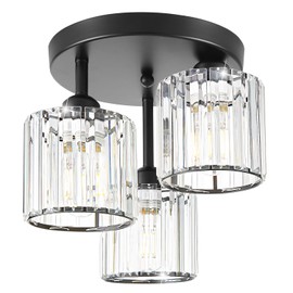 Crystal Semi Flush Mount Ceiling Light, 3-Light Modern Close to Ceiling Light Fixtures, Black Kitchen Light Fixtures with Clear Crystal Shade, Hallway Light Fixtures for Hallway Bedroom Bathroom, E26