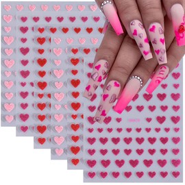 Heart Nail Art Stickers Valentine’s Day Heart Nail Decals 6PCS Red Pink Shining Love Heart 3D Self-Adhesive Valentines Nail Art Decorations Supplies Heart Nail Stickers for Nail Art Manicure Design