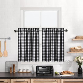 Kitchen Cafe Curtains 45 Inches Length, Buffalo Check Pattern Short Bathroom Window Curtain, Plaid Gingham Design Half Window Tier Curtains, 28" x 45", Black/White, Set of 2
