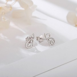 EUDORA Sterling Silver Cat Stud Earrings for Women, Cute Kitten Dainty Animal Pet Hypoallergenic Ear Jewellry Gift for Teen Girls Ladies Daughter Cat Lovers