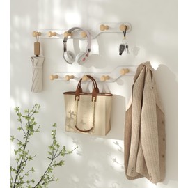 YunNasi Children's Coat Rack, No Drilling, Wall Coat Hook, Cream Colour with 5 Wooden Hooks for Hallway, Children's Room, Living Room, Bedroom, Bathroom
