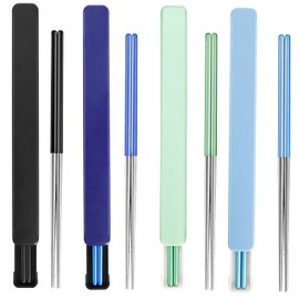 Portable Chopsticks SUS304 Stainless Steel Chopsticks with Case for School,Camping,Travel, Bento Box, 9 Inches in length, Alternative to Wooden (Black+Blue+Green+Light Blue)