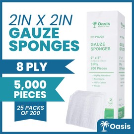 Oasis 2 x 2 inch Gauze Sponges, 100% Cotton, 8-Ply Woven Non-Sterile Gauze, 1 Case of 5000 (25 Packs of 200)