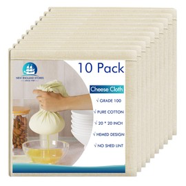 10 PCS Reusable Cheesecloth, Grade 100, 20x20 Inch Hemmed Cheese Cloth for Straining Craft, 100% Cotton Unbleached Cloth Strainer for Cooking, Baking, Juicing, Cheese Making