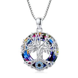 Midir&Etain Tree of Life Necklace 925 Sterling Silver Evil Eye Pendant Necklace Turkish Blue Eye Protection Luck Necklace with Crystal Family Jewellery Gifts for Women Mother