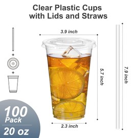 Dealusy 100 Pack - 20 oz Clear Plastic Cups with Lids and Straws, Sturdy & Food Safe Iced Coffee Cups with lids, Disposable Plastic Smoothie Cups for Cold Drinks