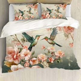 ZFRXIGN Flower Hummingbirds Bedding Set Queen Size Comforter Set 3 Pieces Bedspread Pillow Cases Bedding Blanket Cozy Comforter Women Duvet Covers Girls Bedroom Decor