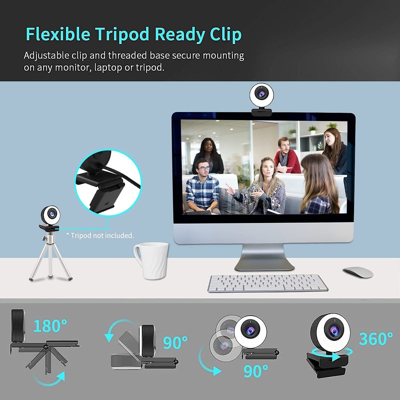 60FPS 1080P Auto-Focus HD Webcam with Ring Light and Privacy