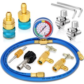 AC R134A R1234YF Refrigerant Recharge Hose Kit, AC R134a 1234yf Gauge Set with Bullet Piercing Valves, R134a R1234yf Can Taps, Low Pressure Quick Couplers