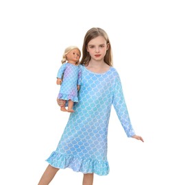 Bow Dream Toddler Girls Casual Dress and Matching American Girl Doll Clothes for Girls Cute Cartoon Kids Dress Party Birthday Blue Mermaid Size 150