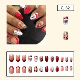 Christmas Press on Nails Short Almond Winter Fake Nails Red Full Cover Santa Claus False Nails with Snowman Designs Glossy Glue on Nails Cute Acrylic Manicure Artificial Nails for Women Girls 24Pcs