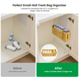 Libreshine Bamboo Small Trash Bag Dispenser 1.2-4 Gallon, No-Drill Adhesive Wall Mount Mini Garbage Bag Holder, Adjustable Cabinet Door Organizer & Desk Caddy for Home & Office