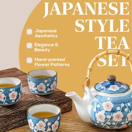 PUNNIO Japanese Tea Set, Japanese Style Porcelain Tea Sets for Adult, 1 Ceramic Tea Pot with Handle & 1 Stainless Steel Tea Filter & 4 Tea Cups (Sakura)
