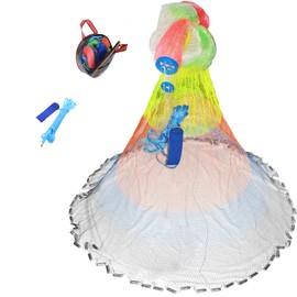 FREGITO Nylon Monofilament Cast Net, American Style Hand Throwing Fishing Net with Zinc Plated Weights for Saltwater and Freshwater, 3/8 Inches Mesh (5FT - 3/8'')