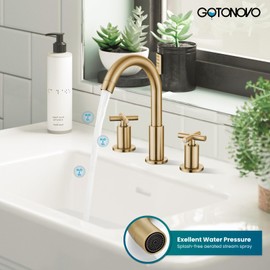 gotonovo 3-Hole Widespread Bathroom Faucet Double Cross Handle Mixer Tap for Bathroom Sink Deck Mount Hot Cold Water Matching Pop Up Drain Gooseneck Spout Brushed Gold