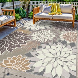 Arenarug Indoor Outdoor Area Rug Washable Multicolored Patio Rug Tropical Botanical Modern Floral Indoor Outdoor Carpet Brown White Rug Non Slip Non Shedding for Patio, Deck, Backyard, Porch (5x8)