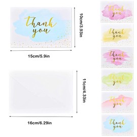 Thank You Cards Set, Gold Foil Watercolor Greeting Cards with 12 Stickers and 12 Envelopes, Thank You Cards for Wedding, Thanksgiving, Business, Baby Shower (6 Colors)