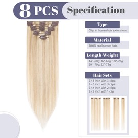 Clip-In Real Hair Extensions, 8-Piece Set, Remy Hair Soft