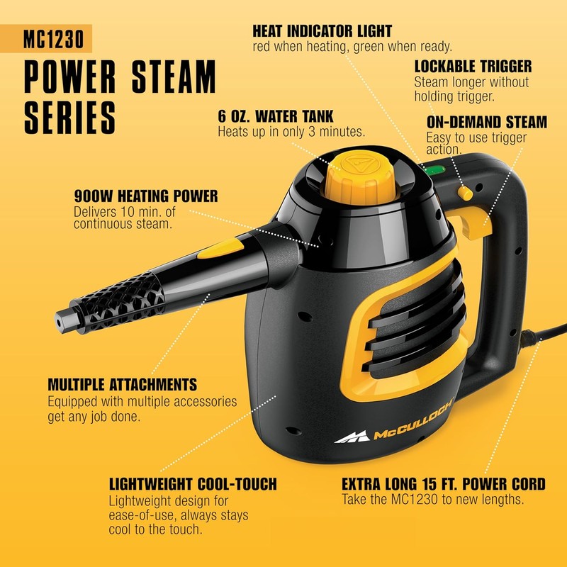 McCulloch MC1230 Handheld Steam Cleaner, 10 Minute Runtime, 11 Accessories: